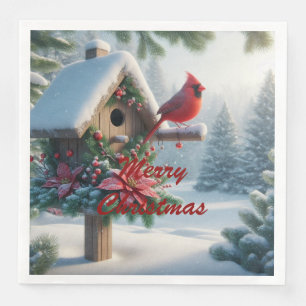 Winter Cardinal on a Festive Birdhouse Napkin