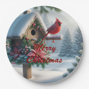 Winter Cardinal on a Festive Birdhouse Paper Plate