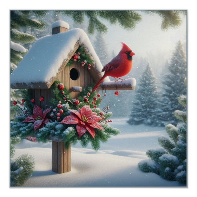Winter Cardinal on a Festive Birdhouse Poster (Front)