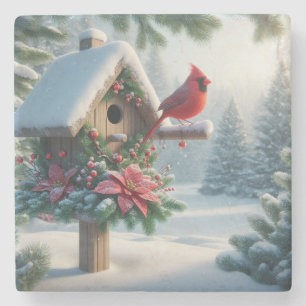 Winter Cardinal on a Festive Birdhouse Stone Coaster