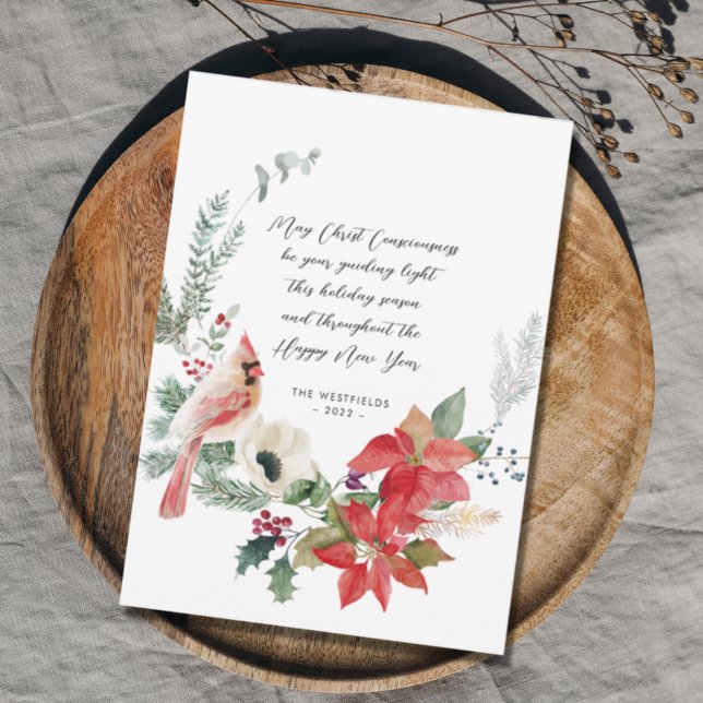 Winter Cardinal Red Poinsettias Greenery Wreath Holiday Card (Creator Uploaded)