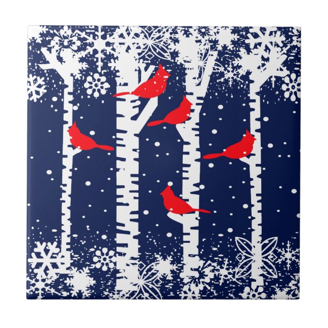 Winter Cardinal Scene Ceramic Tile (Front)