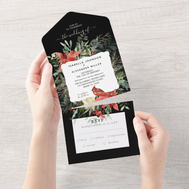 Winter Cardinal Wedding All In One Invitation (Tearaway)