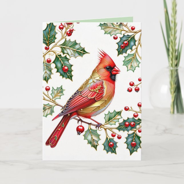 Winter Cardinal With Holly  Holiday Card (Front)