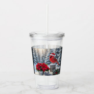 Winter Cardinal with Poinsettia Acrylic Tumbler