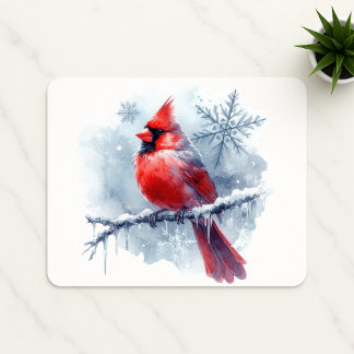 Winter Cardinal with Snowflakes on Icy Branch Mouse Pad