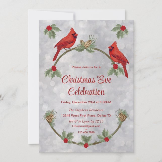 Winter Cardinals and Pines Party Invitation (Front)