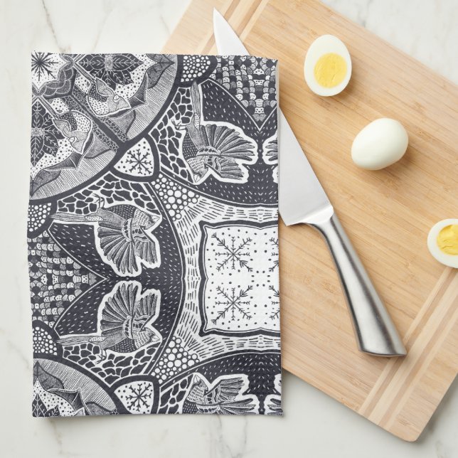 Winter Cardinals Bird Mandala Hand-Drawn Tea Towel (Quarter Fold)