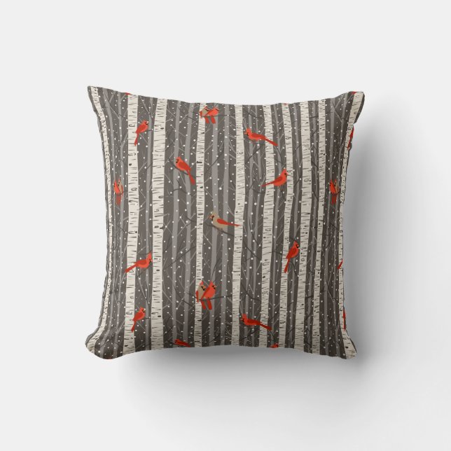 Winter Cardinals in Birch Trees Cushion (Front)