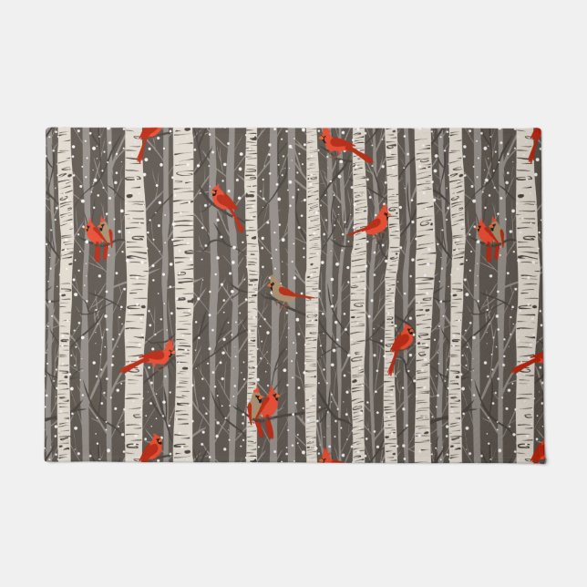 Winter Cardinals in Birch Trees Doormat (Front)