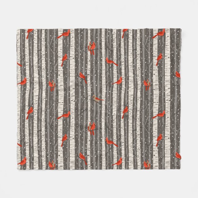 Winter Cardinals in Birch Trees Fleece Blanket (Front (Horizontal))