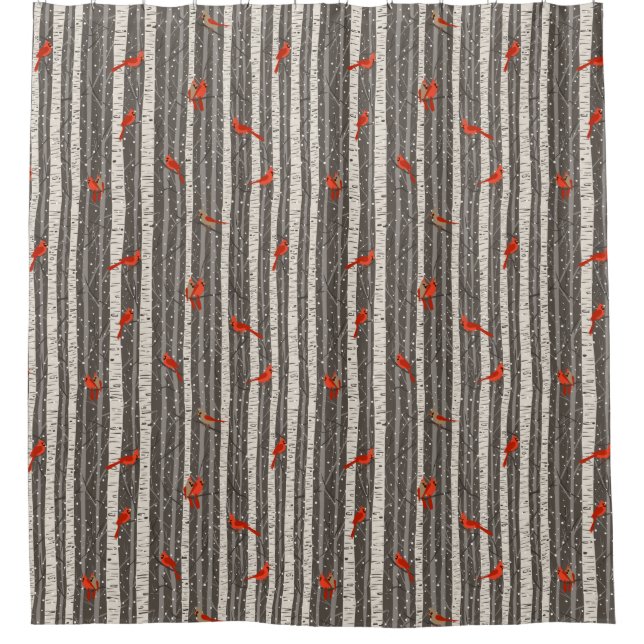 Winter Cardinals in Birch Trees Shower Curtain (Front)