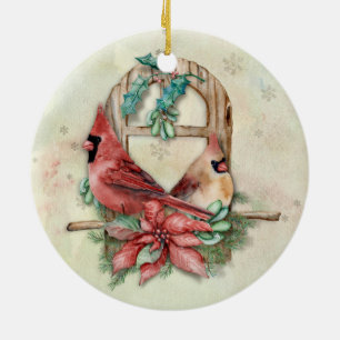 Winter Cardinals Pair with Poinsettia Ceramic Tree Decoration