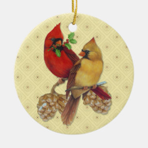 Winter Cardinals Pine and Holly Ceramic Tree Decoration