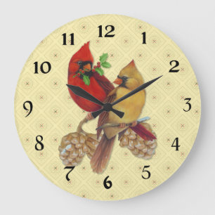 Winter Cardinals Pine and Holly Large Clock
