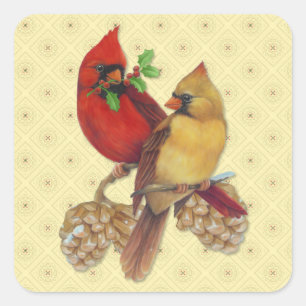 Winter Cardinals Pine and Holly Square Sticker