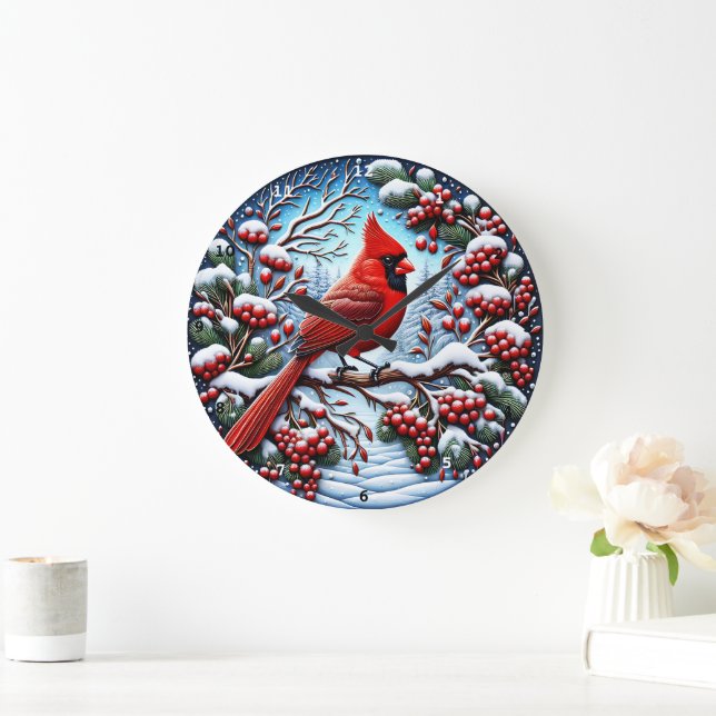 Winter Cardinal's Song" - Festive Nature Decor Large Clock (Home)