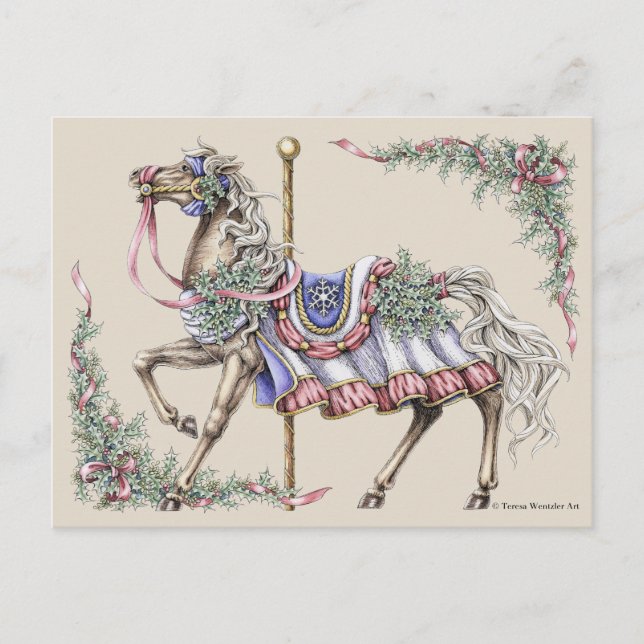 Winter Carousel Horse Drawing Post Card (Front)