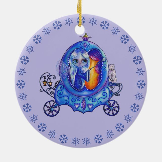 Winter Carriage Ride Fairy Polar Bear Cute Big Eye Ceramic Ornament (Back)