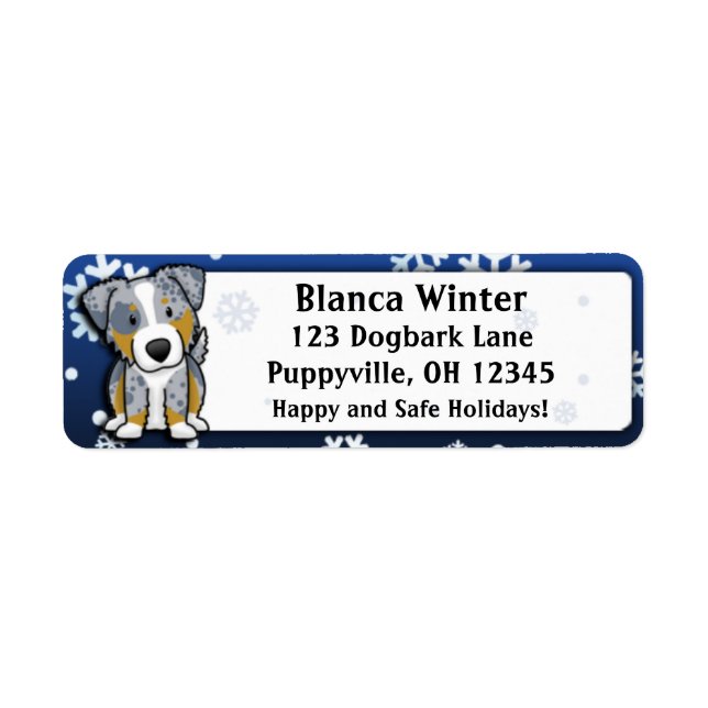 Winter Cartoon Merle Australian Shepherd Return Address Label (Front)