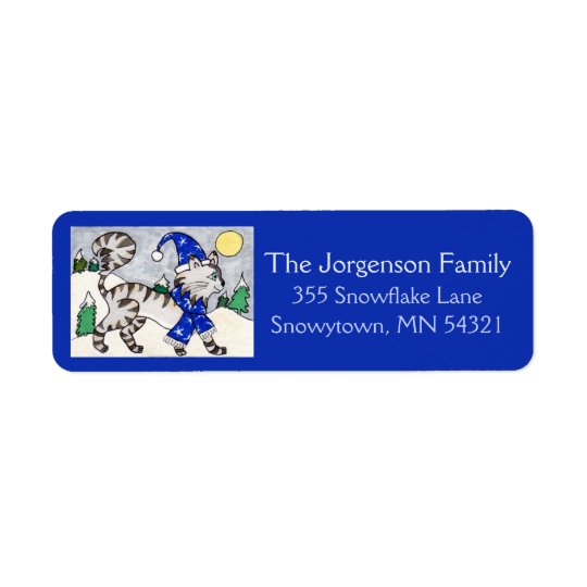 Winter Cat in Snow in Blue Hat & Scarf Holiday Return Address Label