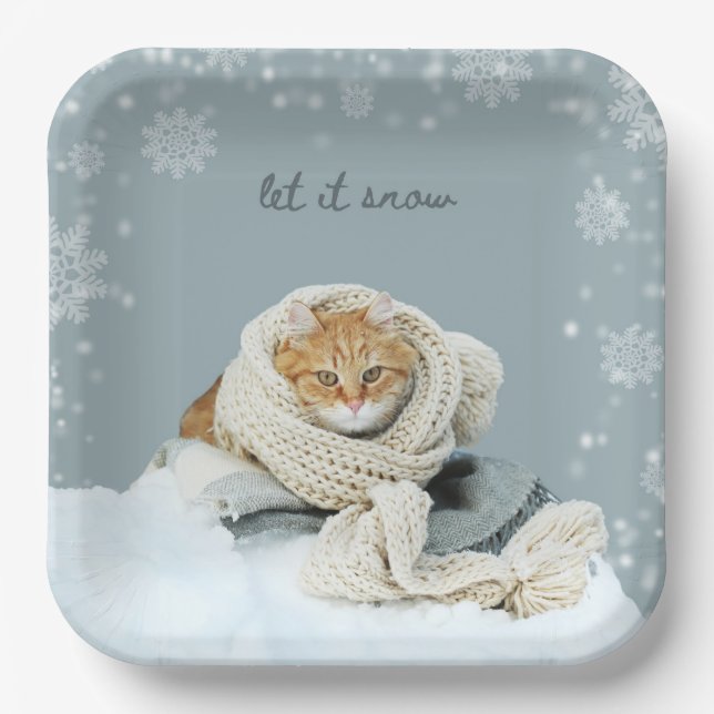 Winter Cat Let It Snow Square Paper Plates (Front)