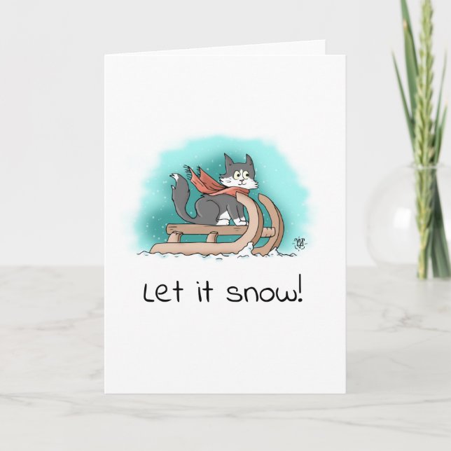 Winter Cat on a Sleigh Christmas Card (Front)