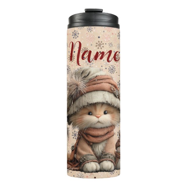 Winter cat with snowflakes and name thermal tumbler (Front)