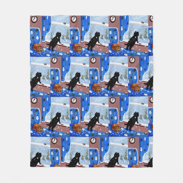 Winter Cats Snow Black Cat Ginger Tabby Fleece Blanket (Front)