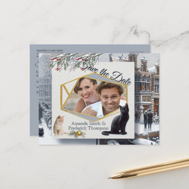 Winter Celebrations in the Snow, with Kittens Announcement Postcard (Front/Back In Situ)