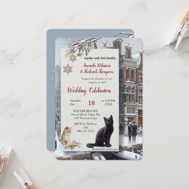 Winter Celebrations in the Snow, with Kittens Invitation (Front/Back In Situ)