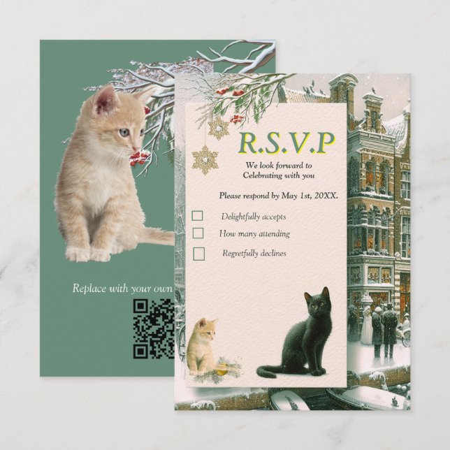 Winter Celebrations in the Snow, with Kittens RSVP Card (Front/Back)