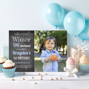 Winter Chalkboard Photo Boy's 1st Birthday Invitation