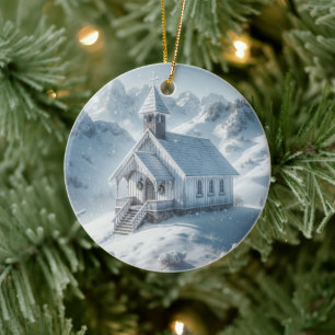 Winter Chapel In The Mountains Ceramic Ornament