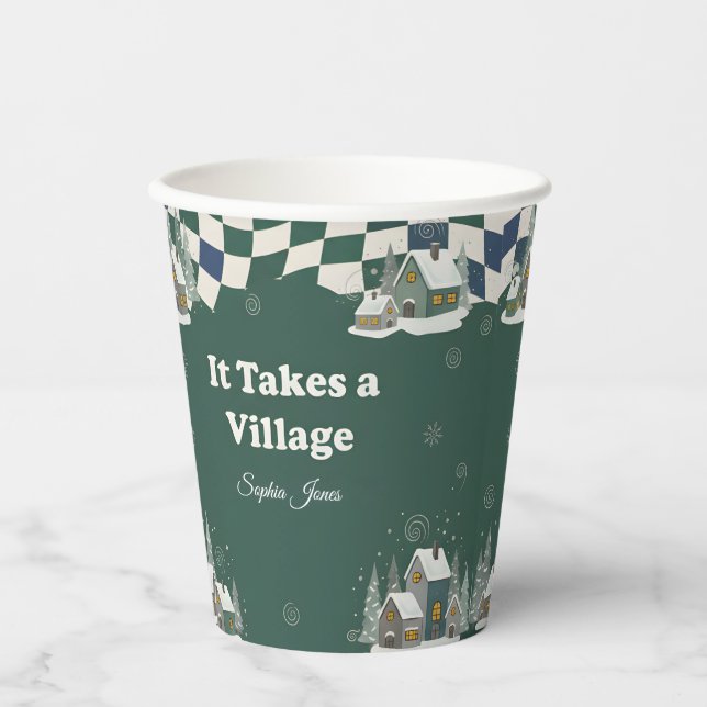 Winter Checkered "It Takes a Village" baby shower  Paper Cups (Front)