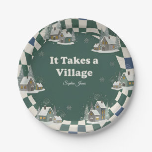 Winter Checkered "It Takes a Village" baby shower  Paper Plate