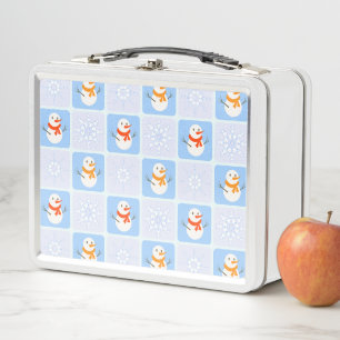 Winter checkered pattern snowman and snowflakes metal lunch box