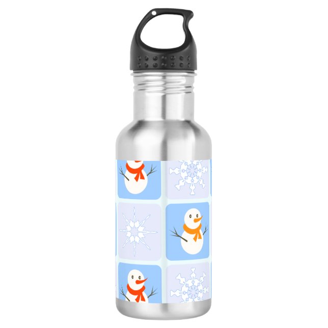 Winter chequered pattern snowman and snowflakes 710 ml water bottle (Front)