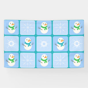 Winter chequered pattern snowman and snowflakes banner