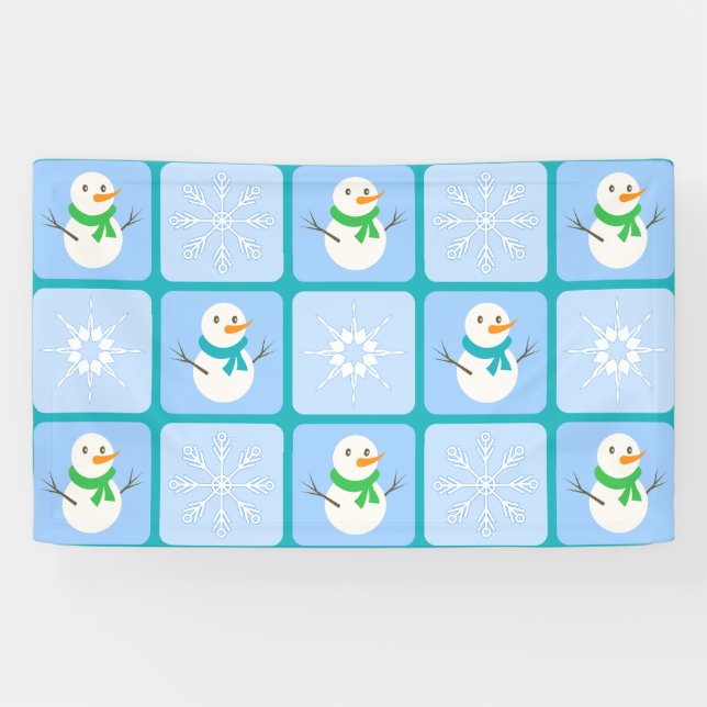 Winter chequered pattern snowman and snowflakes banner (Horizontal)
