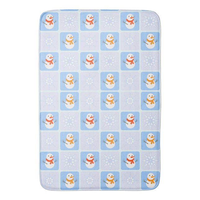 Winter chequered pattern snowman and snowflakes bath mat (Front Vertical)