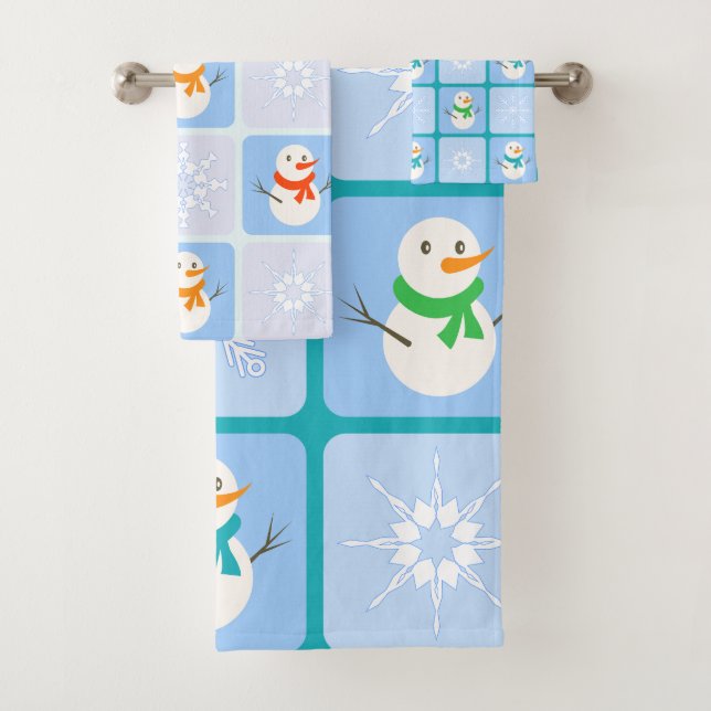 Winter chequered pattern snowman and snowflakes bath towel set (Insitu)