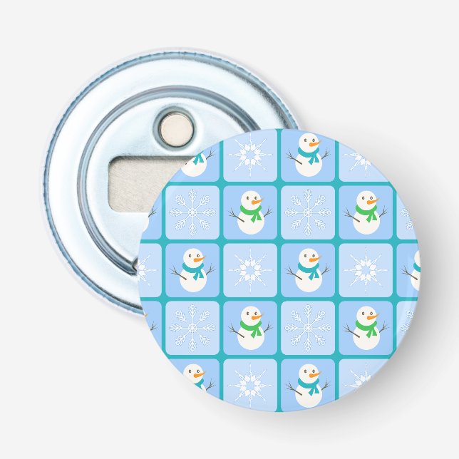 Winter chequered pattern snowman and snowflakes bottle opener (Front)