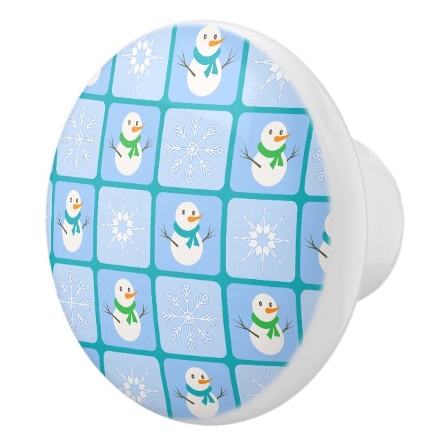 Winter chequered pattern snowman and snowflakes ceramic knob (Right)