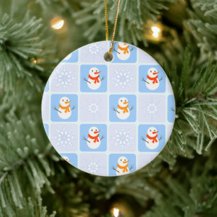 Winter chequered pattern snowman and snowflakes ceramic ornament