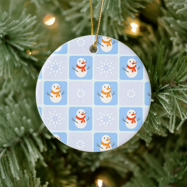 Winter chequered pattern snowman and snowflakes ceramic ornament (Tree)