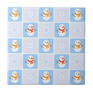 Winter chequered pattern snowman and snowflakes ceramic tile