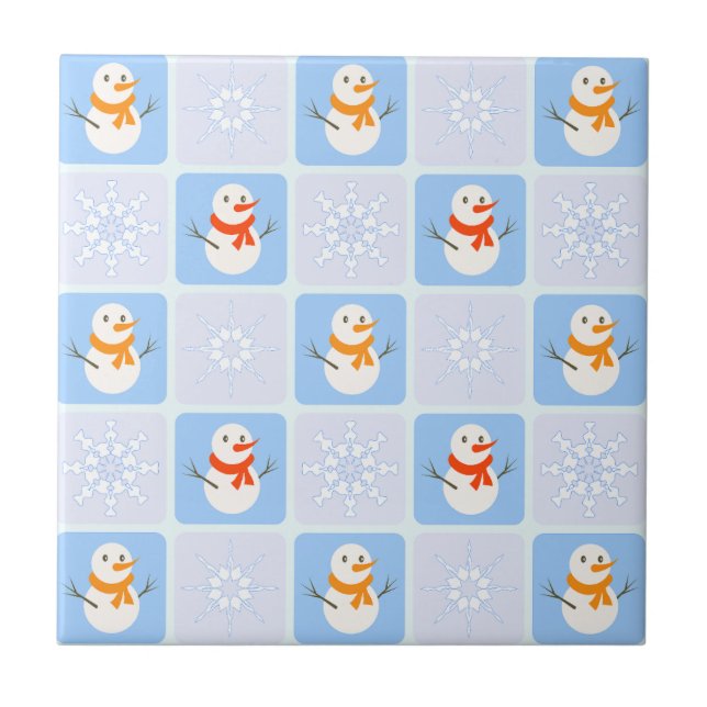 Winter chequered pattern snowman and snowflakes ceramic tile (Front)