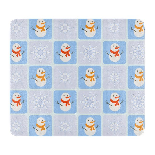 Winter chequered pattern snowman and snowflakes cutting board (Front)