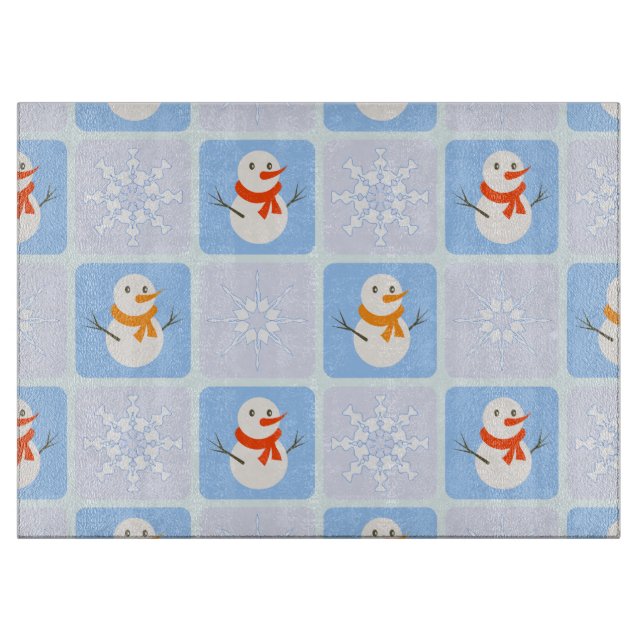 Winter chequered pattern snowman and snowflakes cutting board (Front)